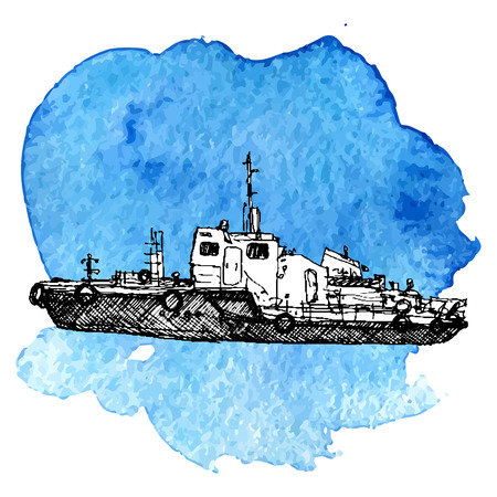 vector sketch of ship at blue watercolor background, hand drawn illustrationのイラスト素材
