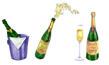 watercolor set of champagne, bottles, splash and glasses, hand drawn illustrationの写真素材