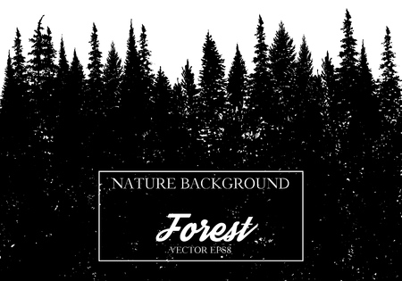vector landscape with fir trees and grass, abstract nature background, vintage forest design template, hand drawn illustrationのイラスト素材