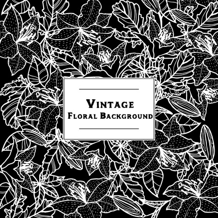 Vintage floral frame in victorian style, flowers, buds and leaves of lilies, ink drawing, imitation of engraving, hand drawn design template.のイラスト素材