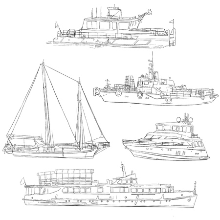 Set of line drawing ships and boats, hand drawn illustration.のイラスト素材