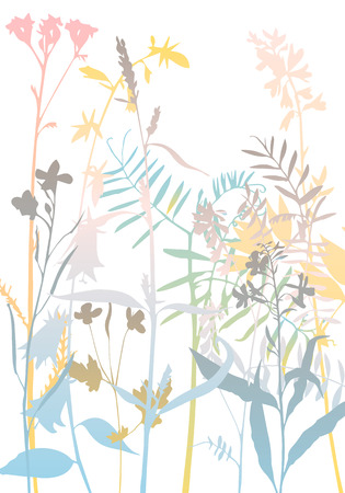 vector silhouettes of flowers and grass, background with wild plants, herbal backdrop, color floral template, hand drawn illustrationのイラスト素材
