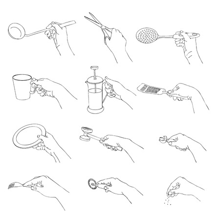 vector hands with kitchen utensils, line drawing isolated symbols at white backgroundのイラスト素材