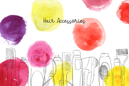 Vector layout with hair accessories and watercolor spots, hand drawn illustrationのイラスト素材