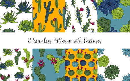 Vector set of seamless patterns with cactus and succulents, hand drawn illustration.のイラスト素材