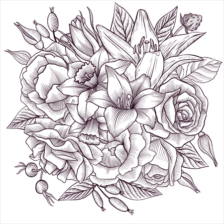 vintage vector floral composition with flowers and leaves, imitation of engraving.のイラスト素材