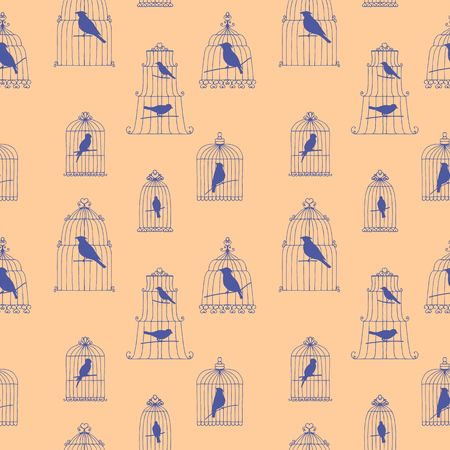 vector seamless pattern with birds in cagesのイラスト素材