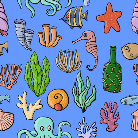 vector sea doodle seamless pattern, hand drawn illustrationのイラスト素材