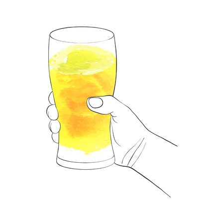 hand and glass with beer, line drawing isolated symbol at white background with watercolor paintのイラスト素材