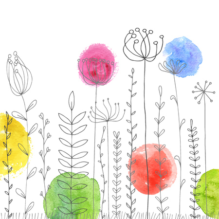 Vector background with doodle abstract herbs and flowers and watercolor paint stains, floral templateのイラスト素材