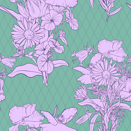 vector seamless pattern with drawing flowers, floral background, hand drawn illustrationのイラスト素材
