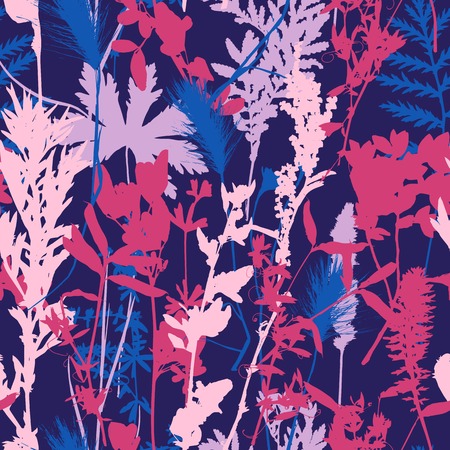 Vector seamless pattern with leaves and plants silhouettes, floral backgroundのイラスト素材