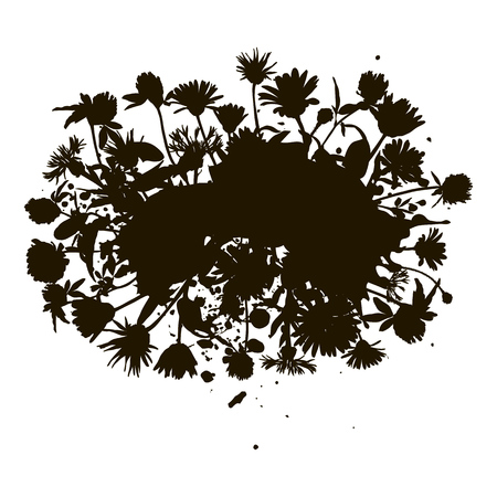 Vector background with silhouette of daisy flowers, wild plants, botanical illustration, natural floral templateのイラスト素材