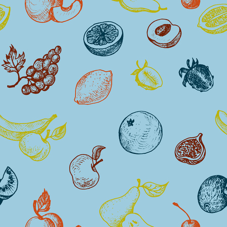 vector seamless pattern with ink drawing fruits, imitation engraving, hand drawn vintage illustration, food backgroundのイラスト素材