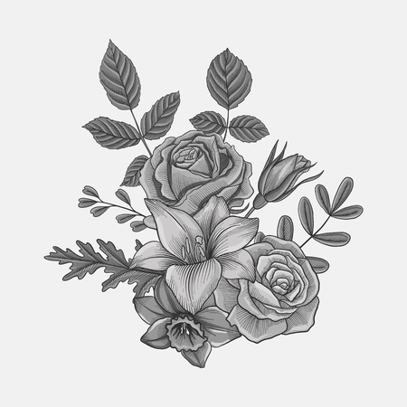 vintage vector floral composition with flowers, buds and leaves of roses, imitation of engraving, hand drawn design elementのイラスト素材