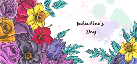 vintage vector floral template with flowers and leaves, hand drawn background for cover design, flyer or gift cradのイラスト素材