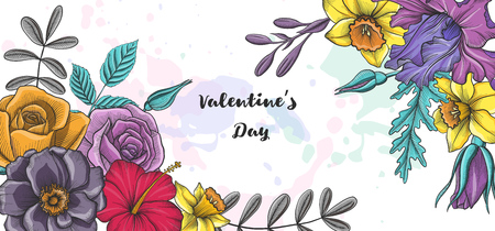 vintage vector floral template with flowers and leaves, hand drawn background for cover design, flyer or gift cradのイラスト素材