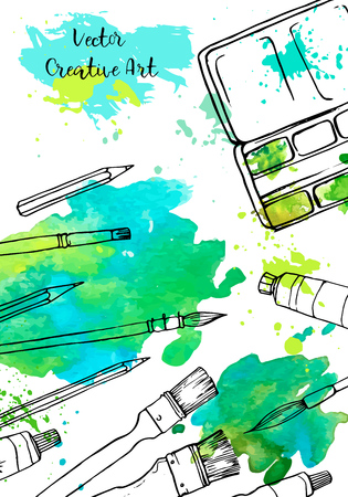 background with art materials and watercolor stains, hand drawn vector illustrationのイラスト素材