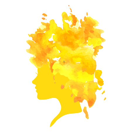 vector silhouette profile of a woman with watercolor hair at white backgroundのイラスト素材