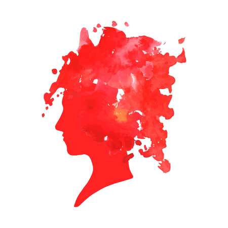vector red silhouette profile of a woman with watercolor hair at white backgroundのイラスト素材