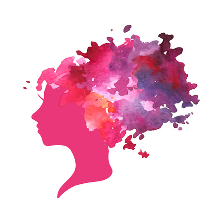 vector silhouette pink profile of a woman with watercolor hair at white backgroundのイラスト素材