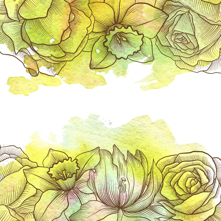 vintage vector floral composition with flowers, buds and leaves of roses at watercolor background, hand drawn design elementのイラスト素材