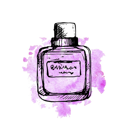 vector drawing sketch of perfume bottle at pink watercolor backgroundのイラスト素材
