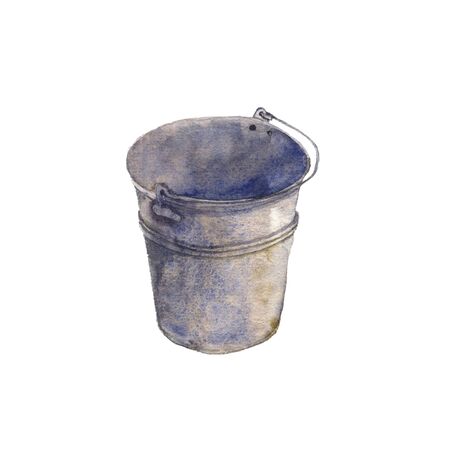 Metal bucket drawing by watercolor, garden equipment, hand drawn illustrationの写真素材