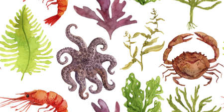 watercolor seamless pattern with drawing seafoodsの写真素材