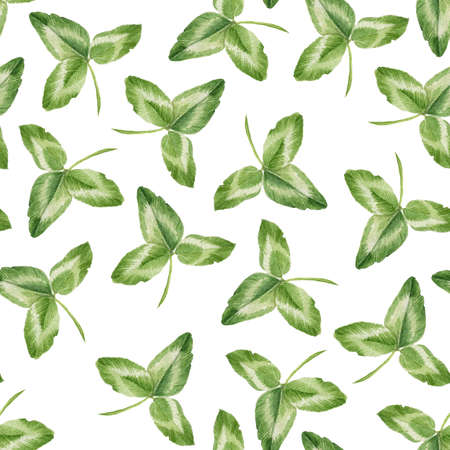 Seamless pattern with watercolor green clover leavesの写真素材