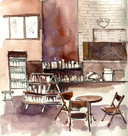 watercolor drawing interior of cafeの写真素材
