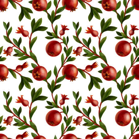 seamless pattern with drawing branches of pomegranate with fruits and leavesの写真素材