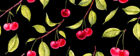 seamless pattern with watercolor drawing cherries