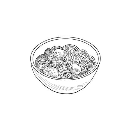 vector drawing bowl with soba nad beefのイラスト素材
