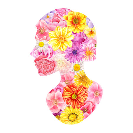 drawing woman profile with flowersの写真素材