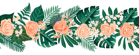 vector drawing tropical flowers and leavesのイラスト素材