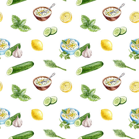 watercolor drawing seamless pattern with tzatzikiの写真素材