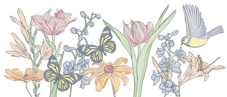 vector drawing flowers and birdsのイラスト素材