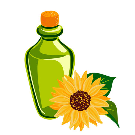 Green glass bottle with oil and sunflowerのイラスト素材