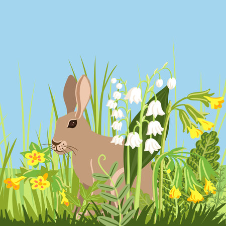 vector drawing rabbit and flowersのイラスト素材