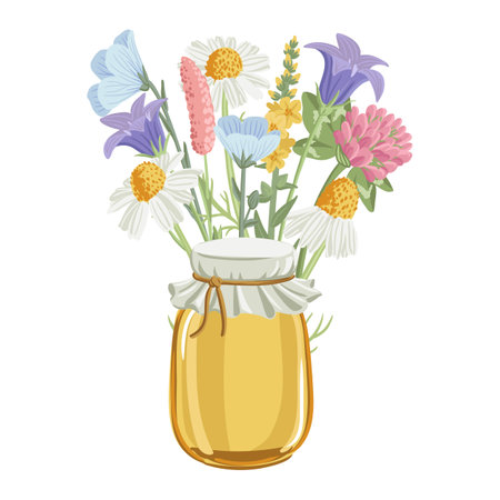 vector drawing honey glass jar and flowersのイラスト素材