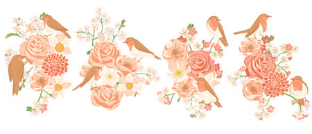 vector drawing flowers and birdsのイラスト素材