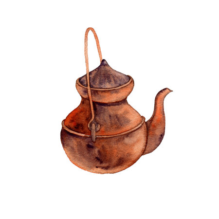 watercolor drawing copper teapotの写真素材