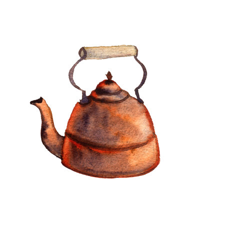 watercolor drawing copper teapotの写真素材