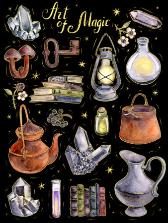 watercolor drawing objects for witchの写真素材