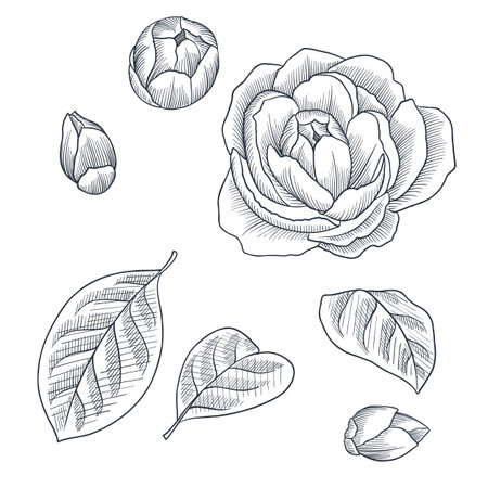 drawing Japanese camellia flower and leavesのイラスト素材