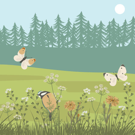 vector drawing landscape with bird and flowersのイラスト素材