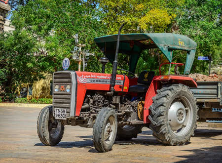 MADURAI, INDIA - FEBR 16: Wheeled tractor inside  Meenakshi Temple one of the most holy place for...