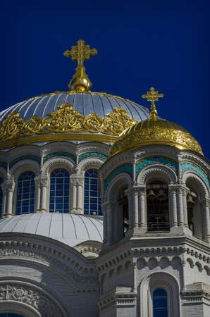 Close-up Naval cathedral of Saint Nicholas in Kronstadt is a large Russian Orthodox cathedral...
