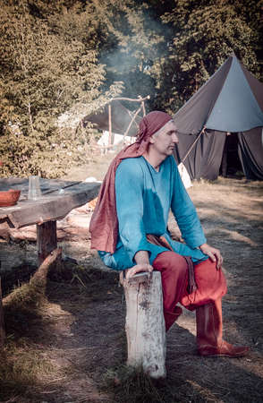 Shebekino, RUSSIA - JULY 05,2014: Unidentified participants during of international military historical reconstruction festival of medieval culture Bely Gorod on Hare meadow, Shebekinsky area, Russia.のeditorial素材